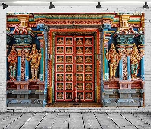 CORFOTO 7x5ft Fabric Colorful India Tanjore Temple Door Backdrop Old India Religion Building Backgrounds for Indian Party Decorations Adults Photo Props - Product Image