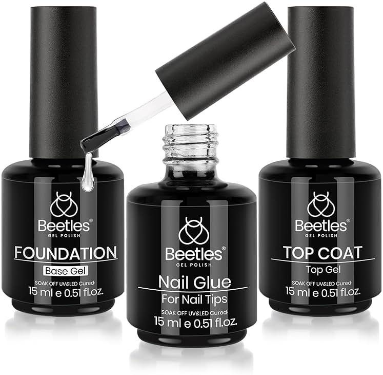Beetles 3Pcs Top Coat Base Gel & Nail Glue Set, No Wipe Base Coat with 9 In 1 Adhesive Shine Effect Long Lasting Soak Off UV Light Lamp DIY Gifts for Women & Girls - Product Image
