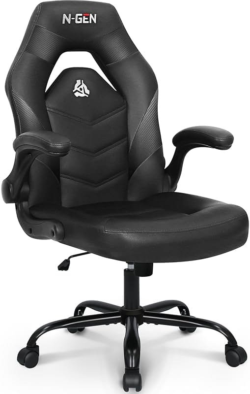 N-GEN Video Gaming Chair Ergonomic Computer Desk Office Chair with Lumbar Support Adjustable Height Swivel Wheels Flip-Up Arms PU Leather Home and Office (Black) - Product Image