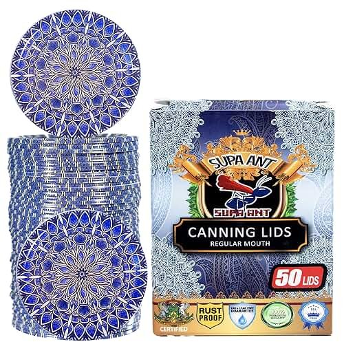 Canning Lids -Certified Food Grade Thickest BPA/BPS free Mason Jar Lids & Canning Supplies -Canning Jars Lid for Regular Mouth Mason Jars. Airtight seal Blue Can Lids.Canning Jar Lids by Supa Ant-50pk - Product Image