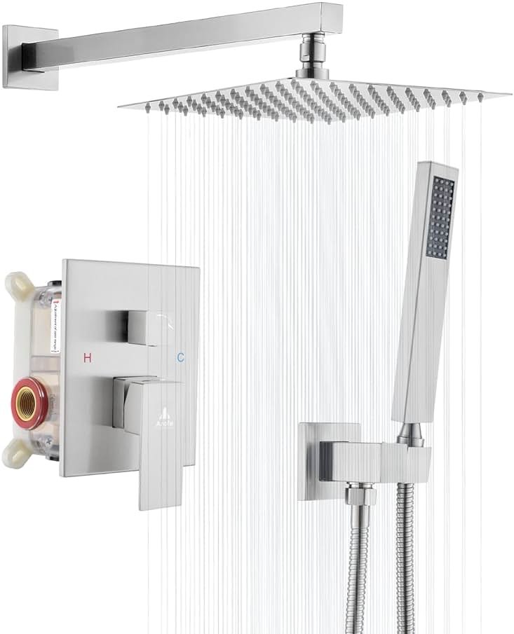 Arofa 10 Inch Shower Faucet Set, Brushed Nickel Rain Shower System Kit with Rough-in Valve High Pressure Shower Fixtures Handheld and Square Rainfall Shower Head Sets Complete Luxury Rain Mixer - Product Image