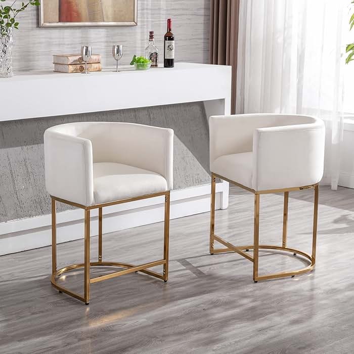 BESTANO Modern Counter Height Velvet Upholstered Bar Stools Set of 2, 24" Kitchen Counter Island Stools Bar Chairs with Gold Metal Frame for Kitchen Island, Cream - Product Image