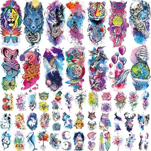 JEEFONNA 86 Sheets Temporary Tattoo, 14 Sheets Large Half Arm Fake Flower Cat Owl Lion Tattoos, 72 Sheets Tiny Waterproof Semi Permanent Temporary Tattoos Realistic for Women Girls Kids Adults - Product Image