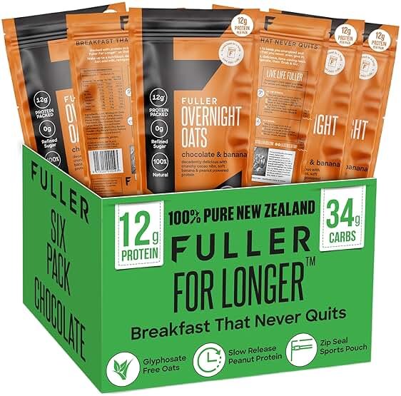 Delicious High Protein Chocolate Banana Overnight Oats - Nutritionist Designed FULLER For Longer With Low Sugar, High Fiber & Slow Release Peanut Protein - Ziplock Portable - Glyphosate Free Oatmeal - Product Image