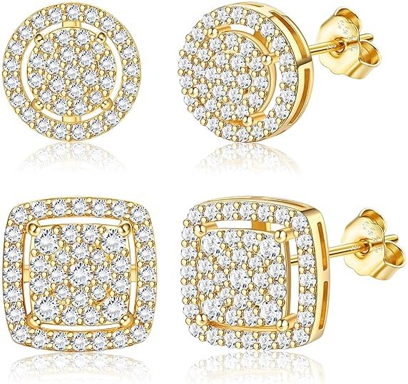 FASACCO Earrings for Men Sterling Silver Men's Earrings Black/Silver/14K Gold Earrings for Men Iced Out Earrings Halo Square Earrings Mens Stud Earrings Set - Product Image