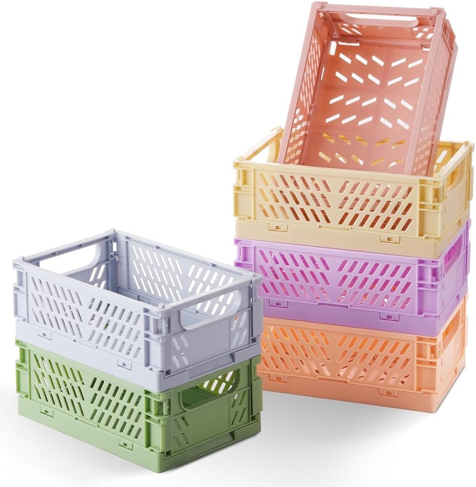 HUUSMOT 6-Pack Small Pastel Plastic Storage Baskets, Collapsible Crates for Organizing, Space-Saving Mini Bins for Classroom, Kitchen, Office, Bedroom (5.9" x 3.8" x 2.2") - Product Image