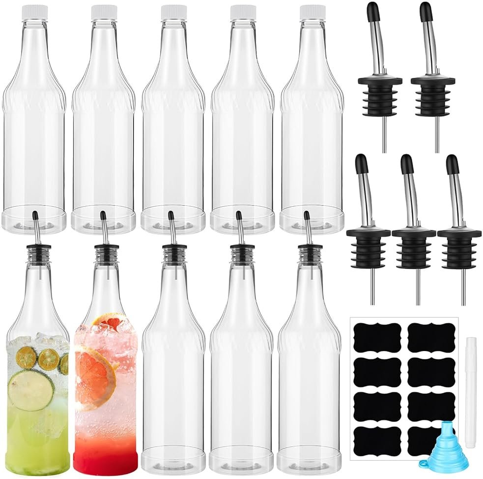 Dandat 20 Pcs 32 oz Plastic Long Neck Bottles with Pourer and Caps Plastic Juice Pour Bottles with Stainless Steel Pourer Tapered Spout for Liquor Juice Store (Sliver) - Product Image
