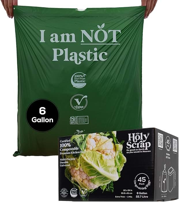 HOLY SCRAP! Medium Compostable Drawstring Trash Bags - 6-8 Gallon, 45 Pack | Plastic-Free Kitchen & Bathroom Garbage Bags with Drawstring Handles | Thick Bin Bag Liners for Green & Food Waste - Product Image