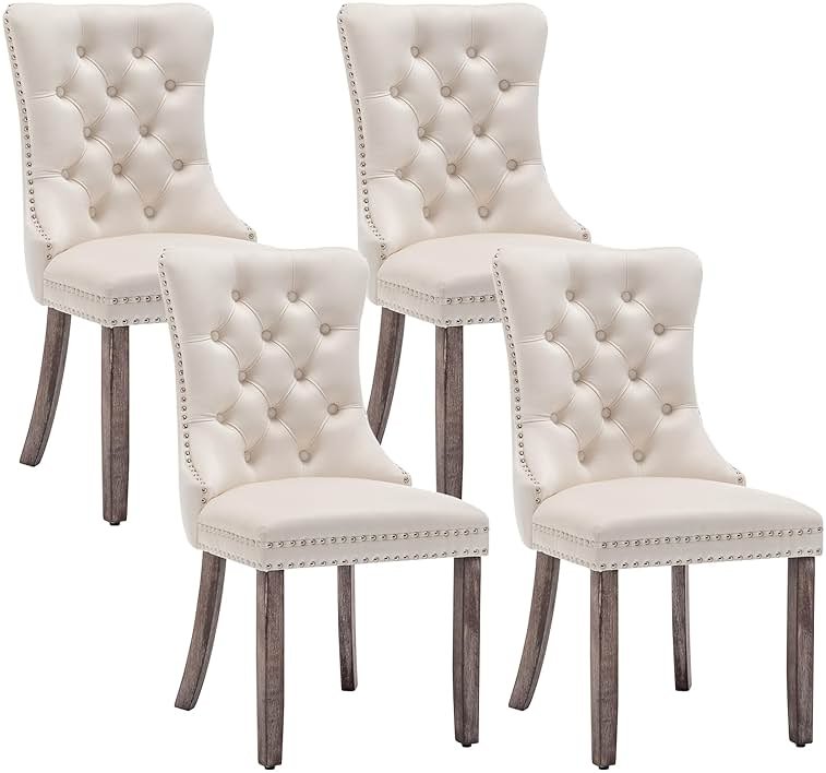 Eifizek Velvet Dining Chairs Set of 4, Upholstered Dining Room Chairs with Nailhead Ring Pull Trim, Button Tufted Wing Back Chairs for Dining with Solid Wood Legs for Kitchen Dining Room(Beige) - Product Image
