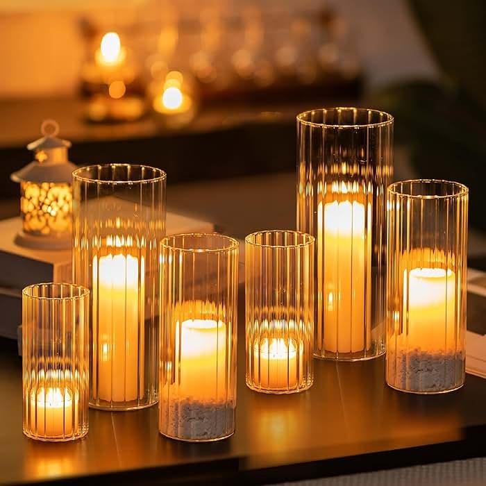 Glasseam Glass Vases for Centerpieces: 6 Pcs Cylinder Ribbed Hurricane Candle Holder Tall Candle Holders for Pillar Candles Wedding Decorations Christmas Table  - Product Image