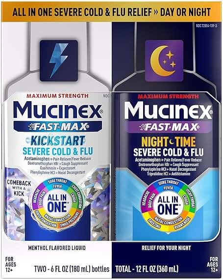 Mucinex Fast-Max Kickstart Severe Cold and Flu Medicine for Adults, Liquid Cold Medicine & Cough Medicine for Adults, Generic Expectorant Guaifenesin & Cough Suppressant Dextromethorphan, 2x6 fl oz - Product Image