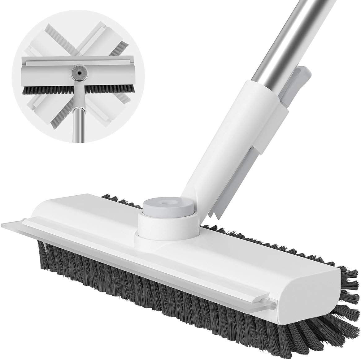 Floor Scrub Brush with Long Handle, 3 in 1 Scrape and Heavy-Duty Stiff Bristle Scrubber Brush Broom for Cleaning Shower Bathroom, Patio, Pool, Garage, Kitchen, Wall and Deck (White, 1 Pack) - Product Image