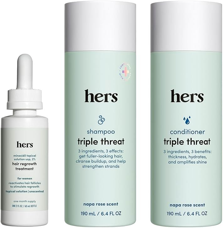 HIMS and HERS Triple Threat Shampoo - Conditioner and 2% Minoxidil Set - Biotin - Saw Palmetto and Pumpkin Seed Oil - Regrowth for Women - Color-Safe - Paraben-Free - Napa Rose - 3 Count - 6.4 Fl Oz - Product Image