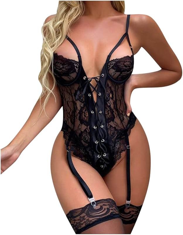 Women One Piece Lingerie Lace Bodysuit Sexy Exotic Slutty Lace up Deep V Teddy Babydoll Lingerie for Sex Naughty Play - Product Image