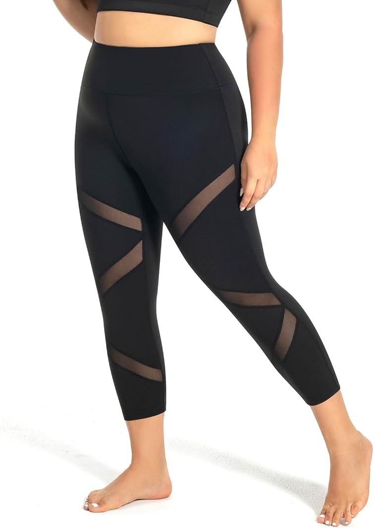 MEJING Plus Size Capri Leggings for Women with Pockets, Butt Lifting Yoga Pants Tummy Control, L-5XL Workout Leggings - Product Image