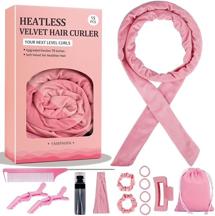 Heatless Curls Overnight Headband, 70'' No Heat Hair Curlers for Medium Long Hair, Pink - Product Image