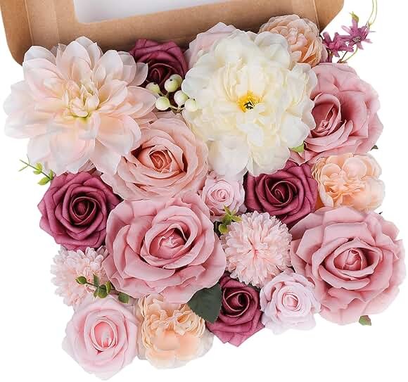 AGIRL Rose Artificial Flowers Combo Fake Flowers Pink Roses Silk Flowers with Stems for DIY Bridal Wedding Bouquets Centerpieces Arrangements Table Party Baby Shower Home Decor (Champagne Pink) - Product Image