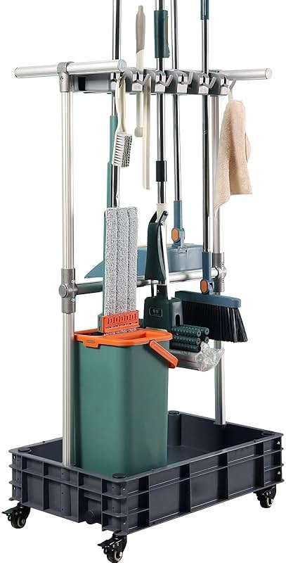 Broom mop Holder Cleaning Supplies Organizer Janitor carts on Wheels Housekeeping Station Storage Tools for Garage, Garden, Closet, Cabinet - Product Image