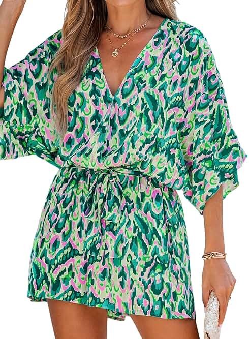 CUPSHE Women's Summer Romper Lace Up Printed Half Sleeves Casual Wide leg Vacation Outfit Mini One Piece Jumpsuit - Product Image