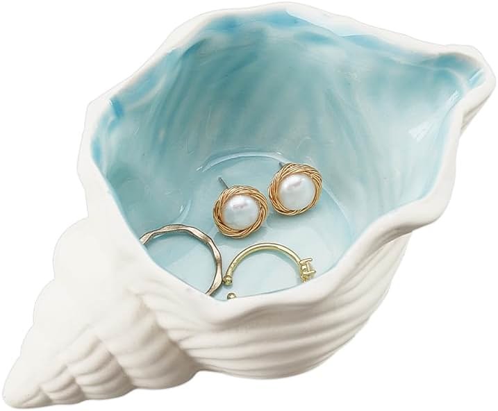 NBEADS Conch Shape Ceramic Jewelry Tray, Aqua Shell Trinket Dish Ceramic Ring Earring Holder Ocean-themed Decorative Trinket Plate for Rings Earrings Necklaces Bracelet Jewelry Watch Keys - Product Image