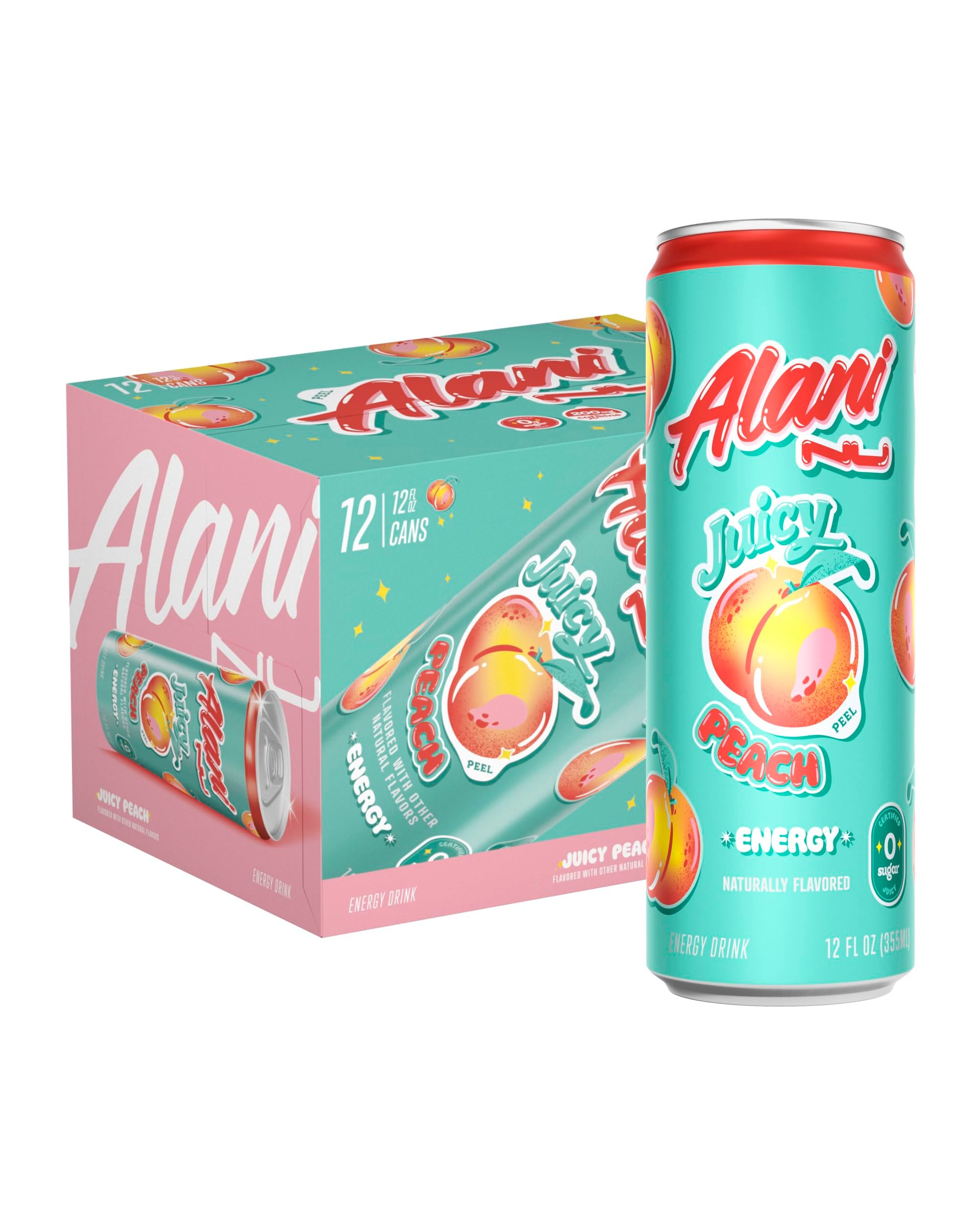 Alani Nu JUICY PEACH, Sugar Free, Low Calorie Energy Drinks, 200mg Caffeine, Biotin, B Vitamins, Zero Sugar, 10 Calories, 12 Fl Oz Cans, 12 Pack - Product Image