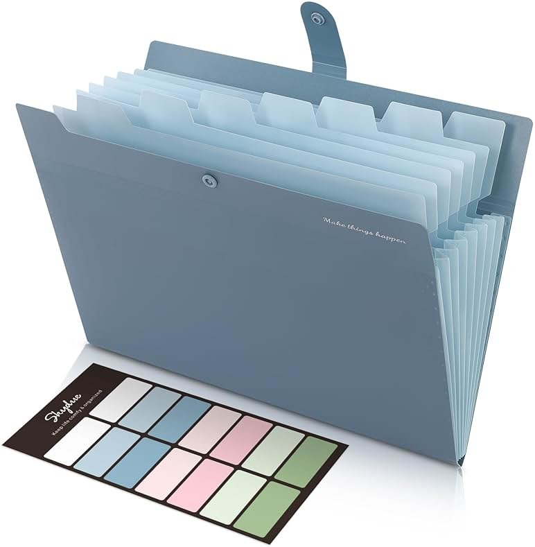 SKYDUE Expanding File Organizer with 8 Pockets, Accordion File Folders with Labels, Portable Document Paper Bill Receipt Organizer, Home College School Office Supplies, Letter Size, Blue - Product Image