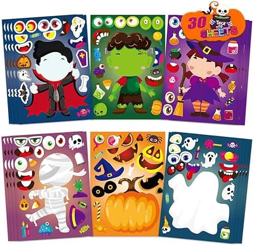 xutengy 30Pcs Halloween Stickers Party Favors for Kids Toddlers , Make a Face Zombie Witch Vampire Self Adhesive DIY Classroom Treats Game Goody Bag Filler (Halloween A) - Product Image