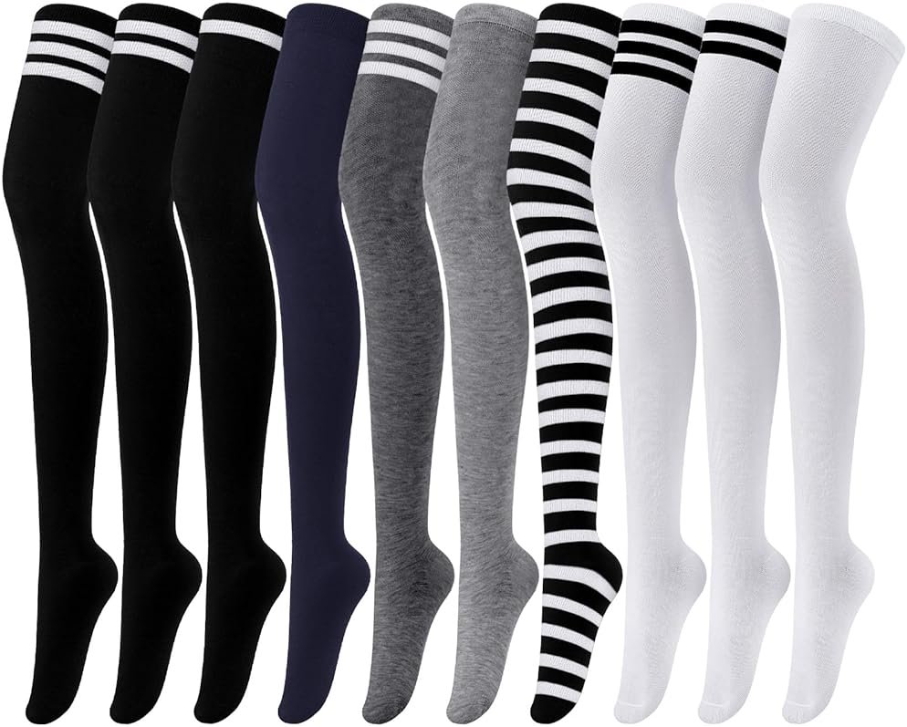 Panitay 10 Pairs over Knee Thigh High Socks Warm Knee-high Stocking Women Boot Sock Leg Warmer Stripe Stocking for Daily Wear - Product Image