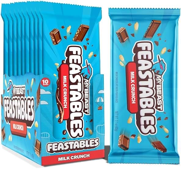 MrBeast Feastables Milk Chocolate Crunch Bar, King Size, 10 Count, Crispy Rice Chocolate Candy, Fairtrade Cocoa, 2.1oz Each - Product Image