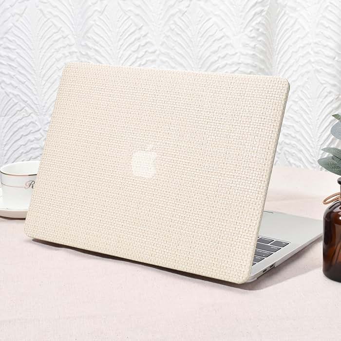 Seorsok Compatible with MacBook Air 13 Inch Case 2022-2018 Release A1932 A2179 M1 A2337 Touch ID,Elegant Leather Plastic Hard Shell Case with Keyboard Cover,Beige Woven Fabric No Logo Cutout Design - Product Image