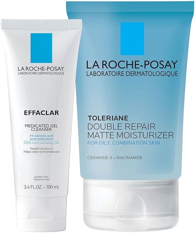 La Roche-Posay Acne Skin Care Set, Toleriane Double Repair Matte Moisturizer 75ml & Effaclar Medicated Gel Cleasner 100ml, Gel Moisturizer with Niacinamide & Acne Cleasner with Salicylic Acid - Product Image