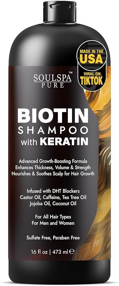 SOULSPA PURE Biotin Shampoo with Keratin - Advanced Anti-Thinning, Hair Growth & Repair Formula - Soothes Scalp, with Tea Tree Oil & DHT Blockers - Strong, Healthy Hair for Men & Women - 16 fl oz - Product Image