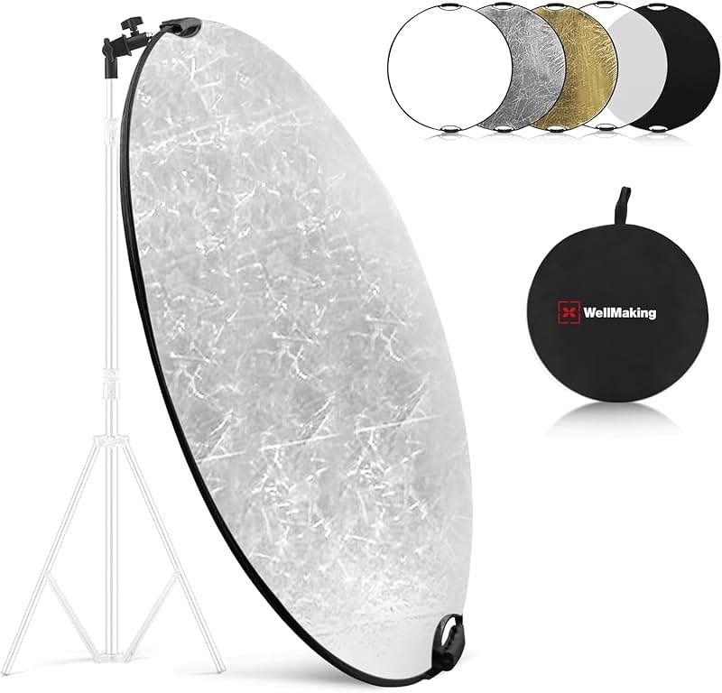 WELLMAKING 32 Inch (80cm) Reflector Photography, Collapsible Light Reflector with Bag & tilt Adapter, 5 in 1 Handle Reflector for Studio & Outdoor Lighting -Translucent, Silver, Gold, White and Black - Product Image