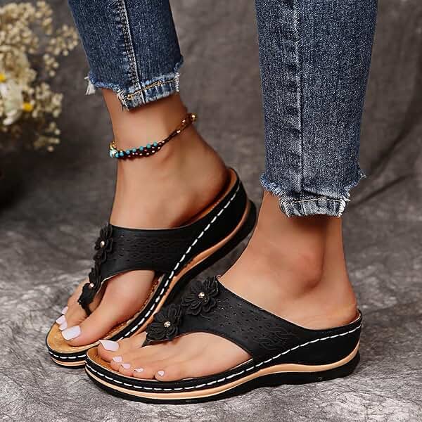 Orthopedic Sandals with Arch Support Flip Flops for Women Wedge Sandals Comfortable Walking Sandals Cushion Footbed Platform Sandals Dressy Summer Slip on Sandals Thong Sandals Casual (a-Black, 8.5) - Product Image