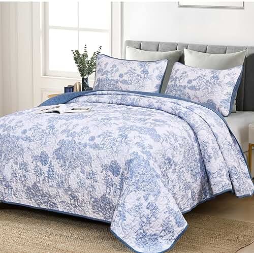 WONGS BEDDING Blue Quilt Set King Size, 3 Pieces Botanical Bedspreads Set Lightweight Microfiber Blue Toile Plants Pattern Coverlet Home Decor for All Seasons(104"×90") - Product Image