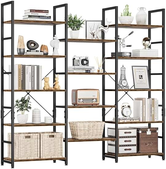 NUMENN Triple Wide 5 Tier Bookshelf, Rustic Industrial Style Bookcases with 14 Open Display Shelves, Modern Tall Bookcase Furniture for Bedroom, Living Room and Home Office, Vintage - Product Image