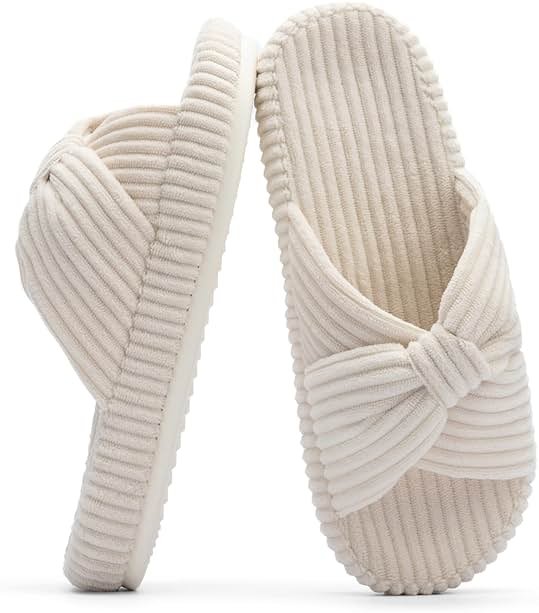 Chantomoo Slippers for Women Memory Foam House Bedroom Corduroy Bow Crossbands Slipper Shoes Comfy Trendy Gift Slippers - Product Image