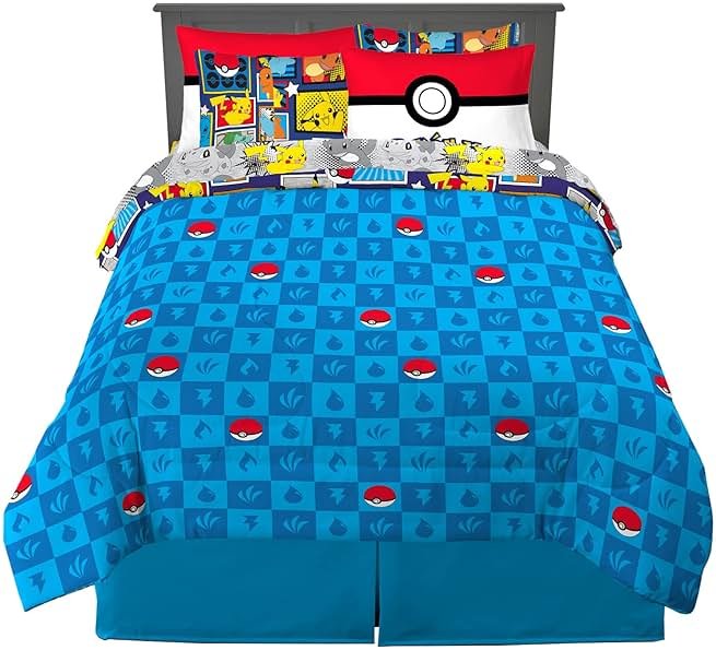 Pokémon Pikachu Queen Size Bedding Set – Kids Bedding Super Soft Cozy Reversible Comforter and Sheet Set with Sham, 7 Piece Queen Size, (Officially Licensed Product) by Franco - Product Image