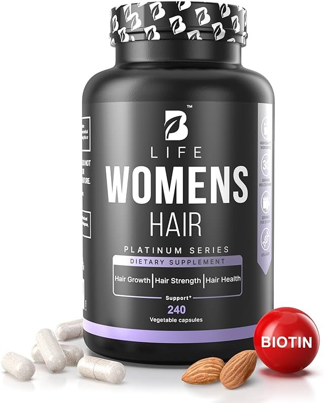 B Life Company Hair Vitamins for Hair Loss for Women – Biotin for Hair Growth – Hair Loss Treatments for Women – Healthy Hair Skin and Nails –240 Capsules – 60 Servings - Product Image