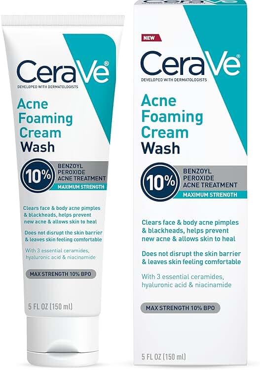 CeraVe Acne Foaming Cream Wash, Gentle Face and Body Cleanser with Benzoyl Peroxide 10%, Hyaluronic Acid, and Niacinamide, 10% Benzoyl Peroxide Treatment Clears Pimples and Blackheads 5 Oz - Product Image