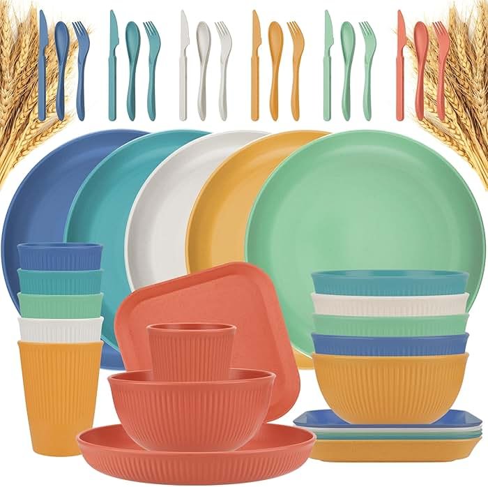 42-Piece Plates and Bowls Sets Wheat Straw Dinnerware Sets Service for 6, Unbreakable Dishwasher Microwave Safe Dishes Set Cups Sets Dinner Plates and Bowls Set for Kitchen - Product Image