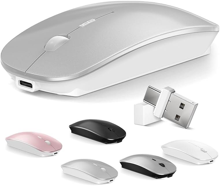 Mouse for MacBook Wireless Bluetooth Mouse Laptop MacBook Air Mac Pro Rechargeable Silent PC iPad Optical Mouse with Dual Mode Switch Bluetooth 5.2/3.0 and 2.4GHz USB Type-C Receiver Silvery - Product Image
