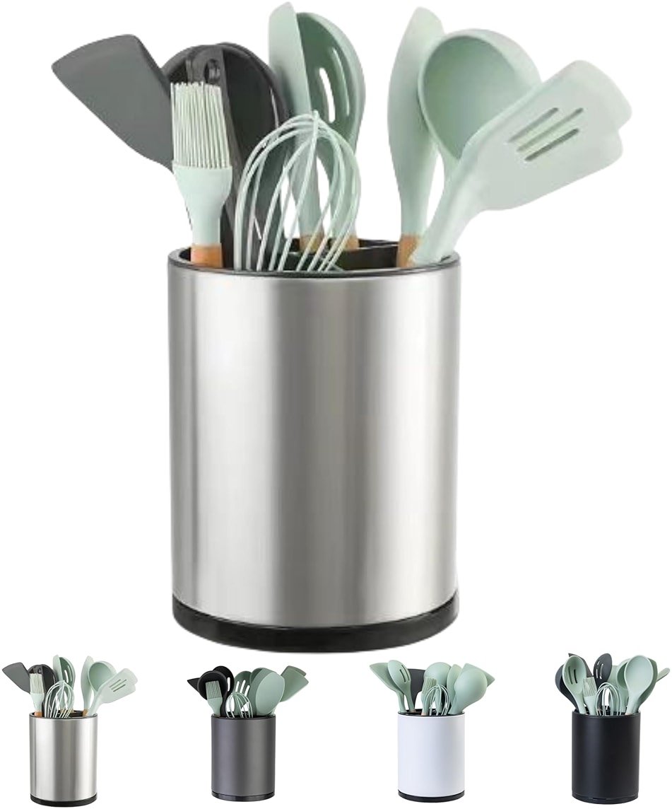 LIBODOUR Kitchen Utensil Holder Extra Large 360°Rotating For Counter Organizer Stainless Steel Storage Cooking Silverware Caddy 3 Compartment Flatware Spoon Spatula Tool Cutlery Container（Silvery） - Product Image