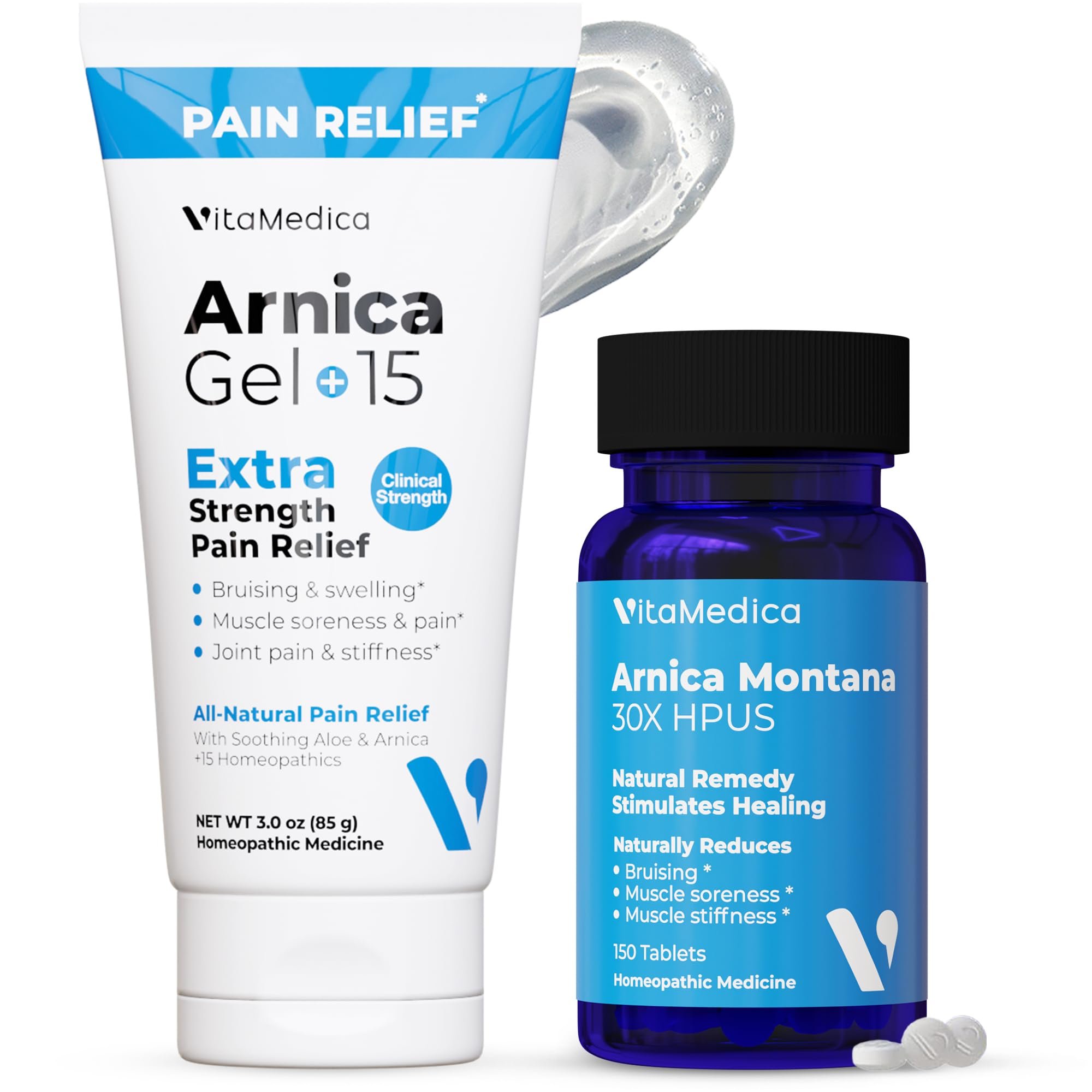 VitaMedica Arnica Montana Tablets & Arnica Gel Bundle – Support for Bruising, Swelling & Soreness, 150 Rapid-Dissolve Tablets + 3 oz Water-Based Gel - Product Image