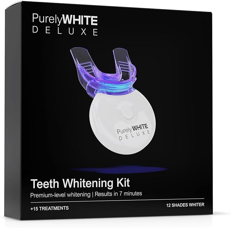 PurelyWHITE DELUXE Teeth Whitening Kit, Complete LED Teeth Whitening, 15+ Treatments, (3) 3ml Whitening Gel Syringes, Whiter Smile in 7 Minutes - Product Image