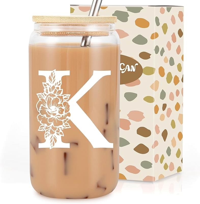 Coolife Initial Glass Cup, Monogrammed Gifts for Women, 16 oz Glass Cups w/Lids Straws, Iced Coffee Smoothie Beer Tumbler w/Straw Lid - Personalized Christmas, Birthday Gifts for Her Mom Friend Woman - Product Image