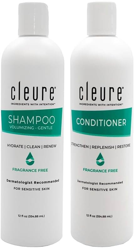 Cleure Shampoo and Conditioner Set Sulfate Free, Fragrance Free for Sensitive Skin - Volumizing Shampoo & Hydrating Conditioner (12 Oz each, Pack of 2) - Product Image