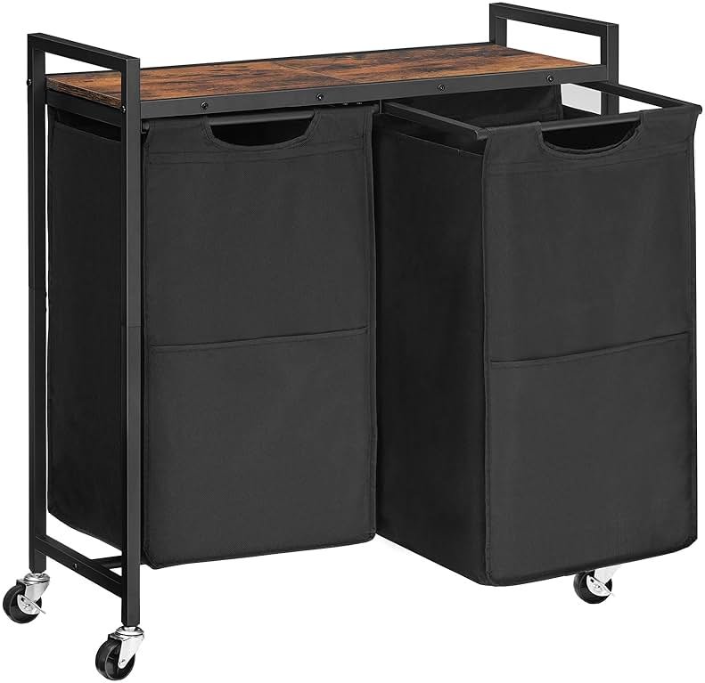 HOOBRO Laundry Hamper, Laundry Sorter 2 Section, 2 × 13 Gal (49.5L), Laundry Basket with Wheels, Rolling Cart, Pull-Out and Removable Oxford Fabric Bags, Rustic Brown and Black BF72XY01 - Product Image