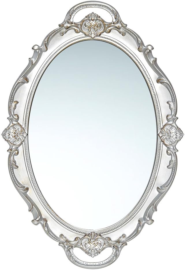 LONGWIN Vintage Oval Mirror for Wall Decor, Ornate Hanging Small Mirrors for Living Room/Bedroom, Perfume/Vanity Tray 10 x 14.5 Inch Silver - Product Image