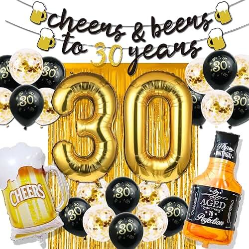30th Birthday Decorations for Him, 30 Birthday Decorations for her with 40 Inch Gold 30 Number Balloons, Cheers to 30 Years Banner,Fringe Curtains and Cups Foil Balloons - Product Image
